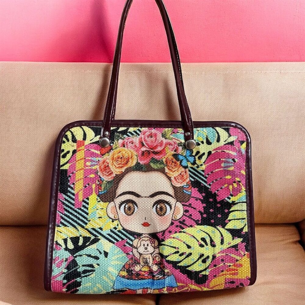 Frida Kahlo Tropical Floral Design Faux Leather Straps Zip Closure